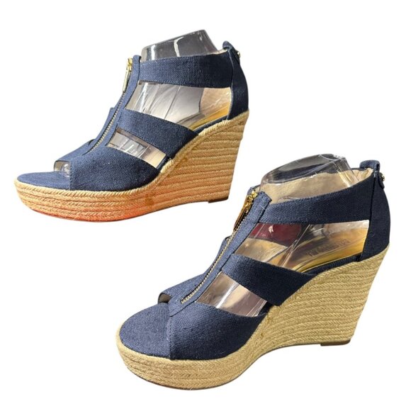 Michael Kors Navy Blue Canvas & Jute Wedge Sandals With Gold Zipper‎ Size 9.5 - Picture 7 of 11
